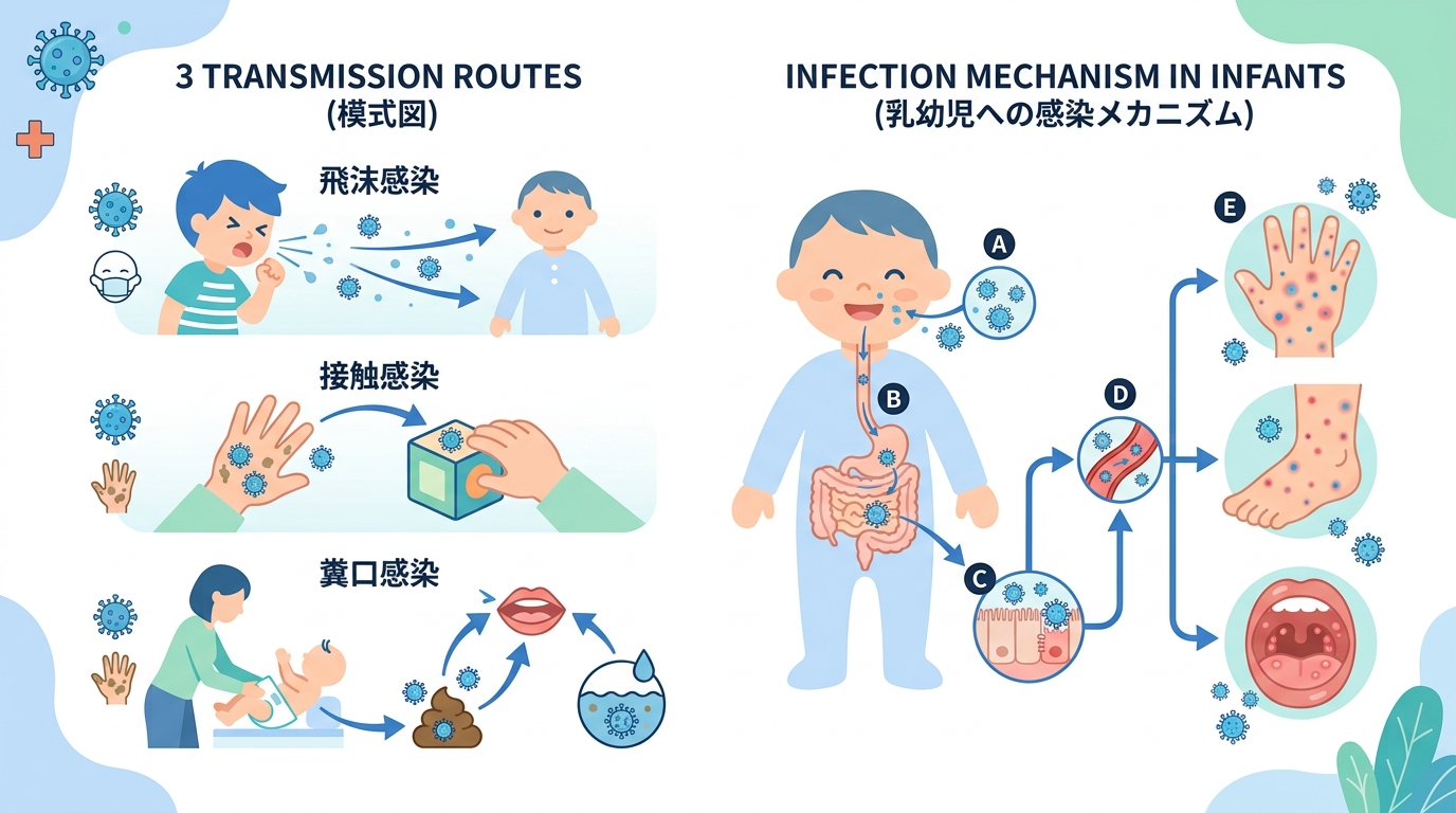 手足口病の年齢分布と感染経路（飛沫・接触・糞口感染）の図解。JIHSデータをもとに作図。