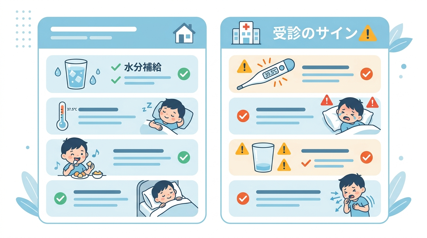 夏かぜの受診目安と登園基準の整理図。脱水・けいれん・意識障害は即受診。