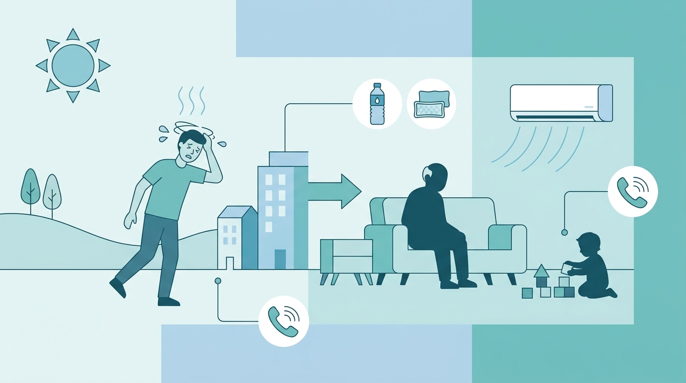 熱中症の症状と室内・室外での発症リスクを示す図解