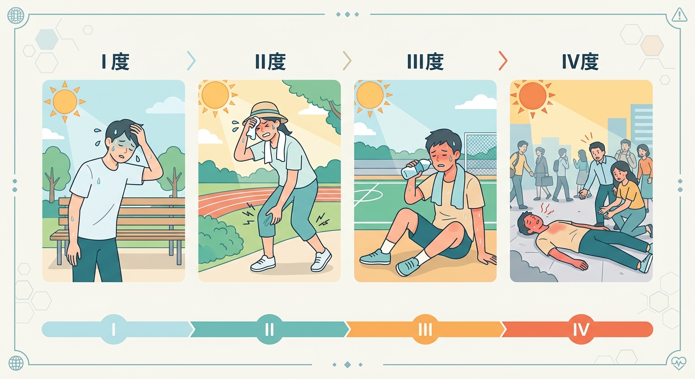 熱中症の病型と重症度分類（I度〜IV度）の全体像を示す図解