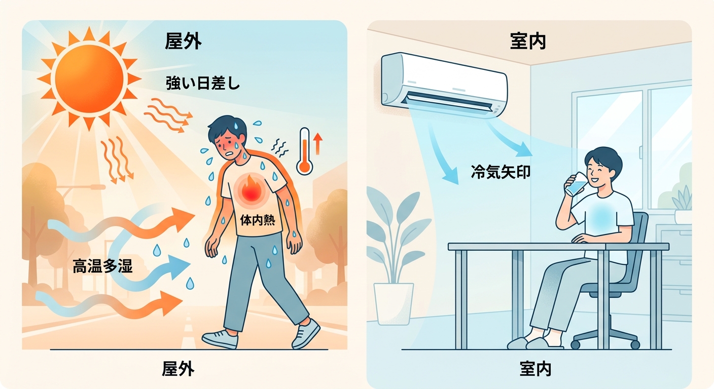 夏の高温多湿環境と体温上昇の模式図