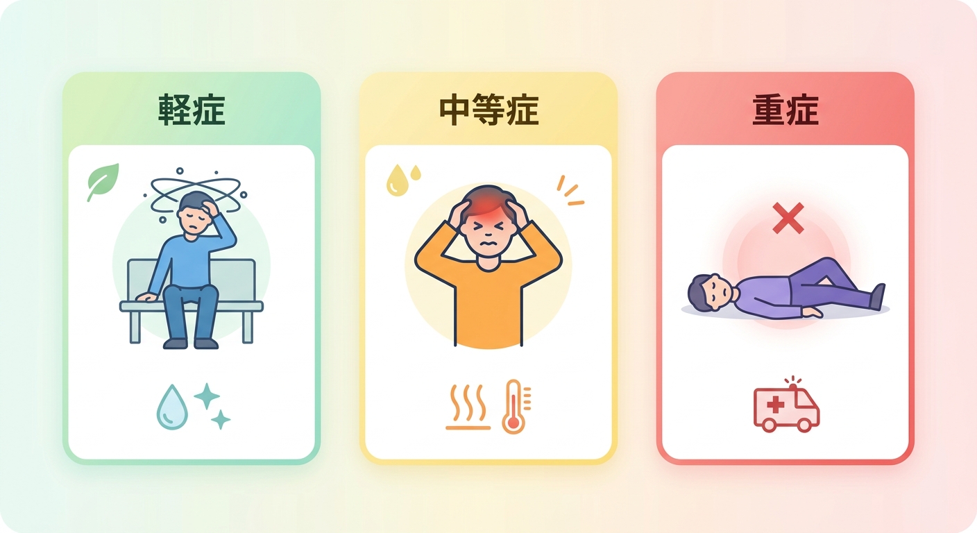 熱中症の重症度分類（I度〜III度）の症状比較図