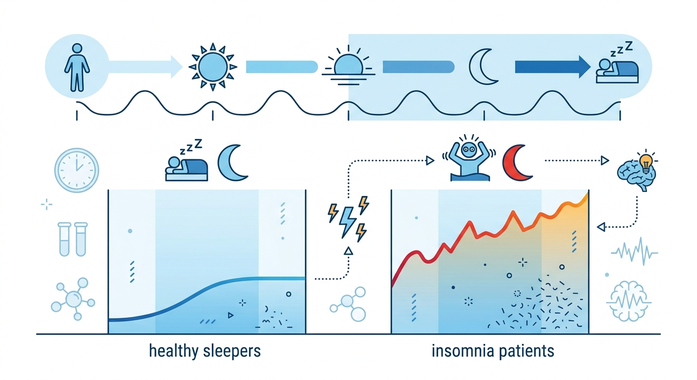 過覚醒と不眠のメカニズム図解：疲労感と覚醒状態が共存する仕組み