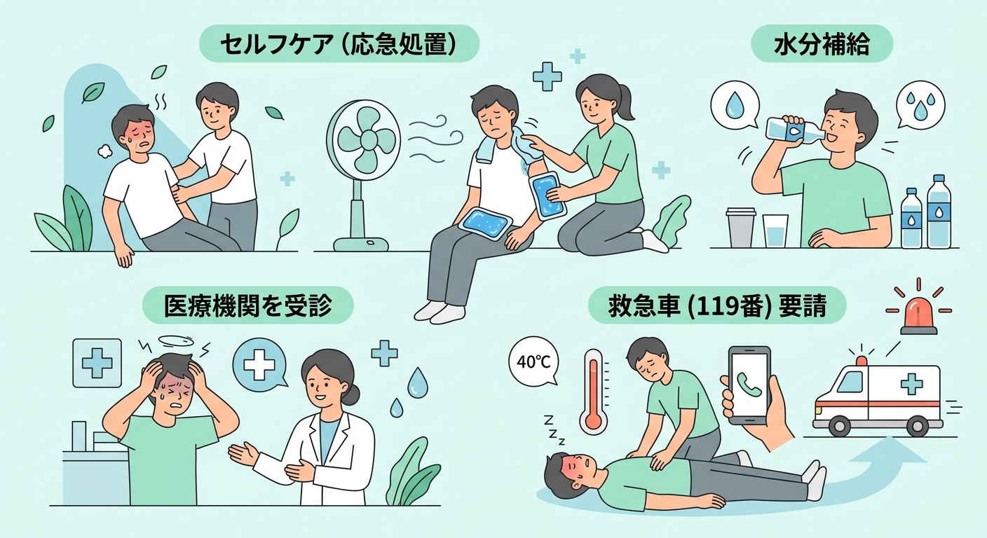 熱中症の受診・救急の目安と応急処置の手順を整理した図