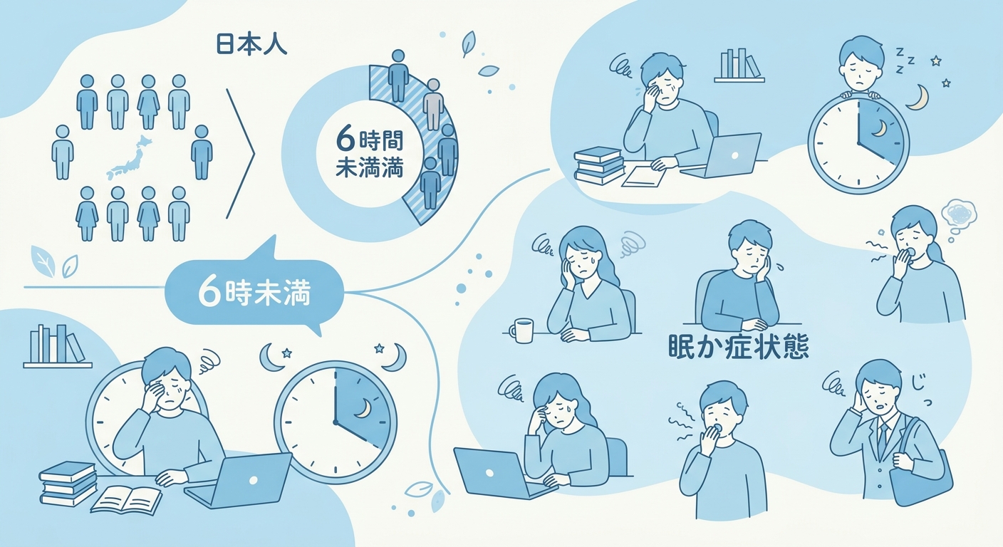 日中の過度な眠気（EDS）の有病率と睡眠時間の実態を示す図解