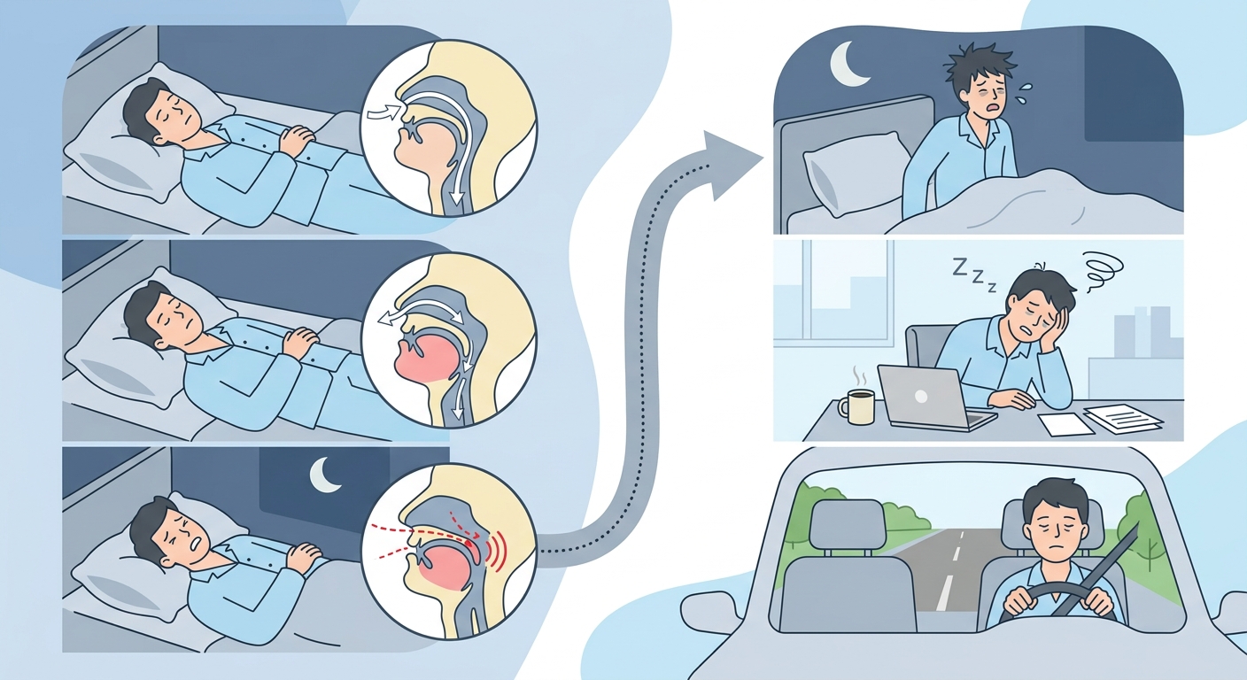 睡眠時無呼吸症候群の仕組みと日中の眠気への影響を示す模式図