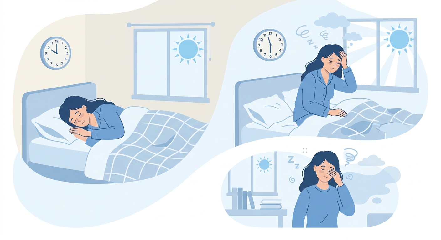 特発性過眠症の特徴（長時間睡眠・睡眠慣性・昼寝後も眠気が残る）を示す図解