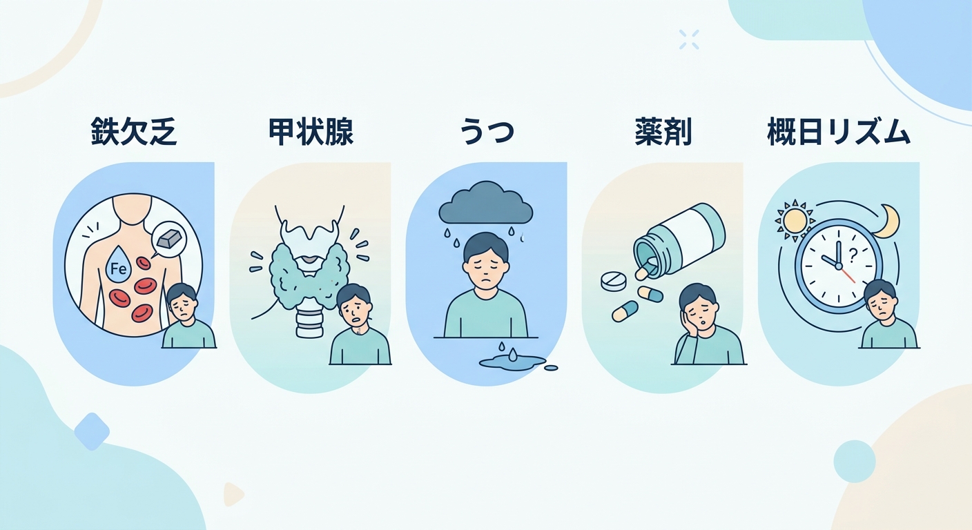 日中の眠気を引き起こす内科的・精神医学的原因の分類図