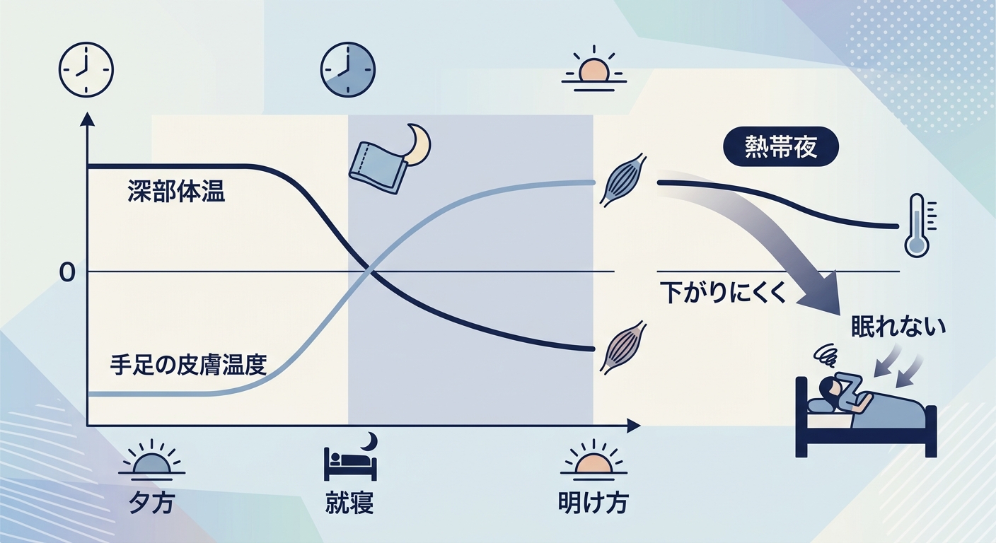夕方から就寝にかけての深部体温と皮膚温度の変化を示すグラフ。熱帯夜では深部体温が下がりにくく入眠が遅れることを示す図解