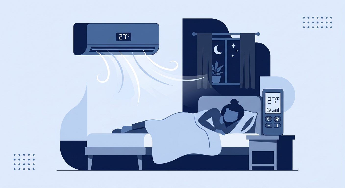 エアコンのリモコンと寝室の設定を示すフラットイラスト。タイマーではなく連続運転の設定イメージ