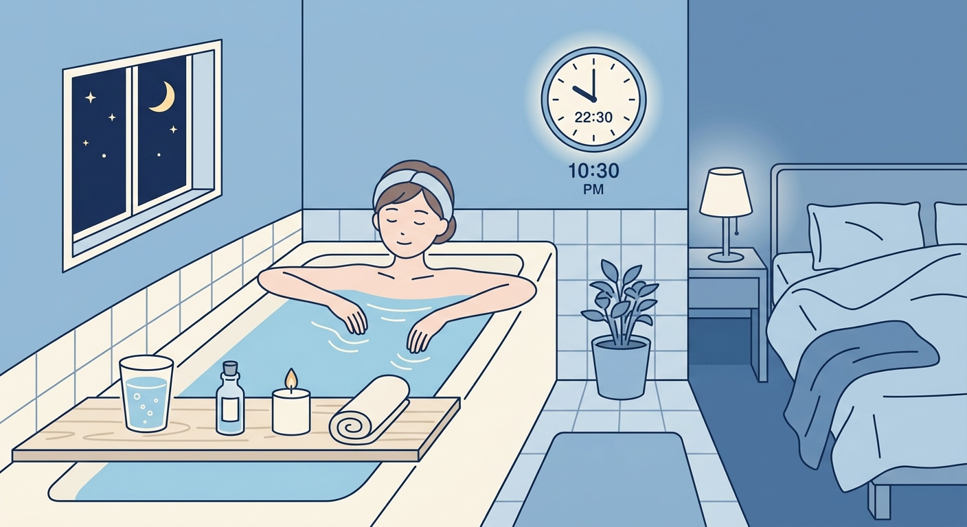 就寝前の入浴・水分補給・薄手の寝具というセルフケアルーティンを示すフラットイラスト