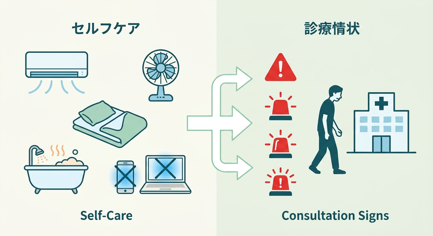熱帯夜の睡眠セルフケアと受診を検討するサインの整理図