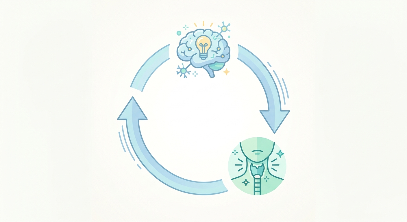 ストレスと喉の違和感の関係を示す図：心理的緊張が自律神経を介して喉周囲に影響するメカニズムのフラットイラスト