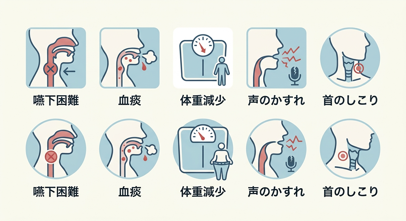 咽喉頭異常感症の受診を検討すべきレッドフラッグ症状一覧：嚥下困難・血痰・体重減少・声のかすれなどを示すフラットイラスト