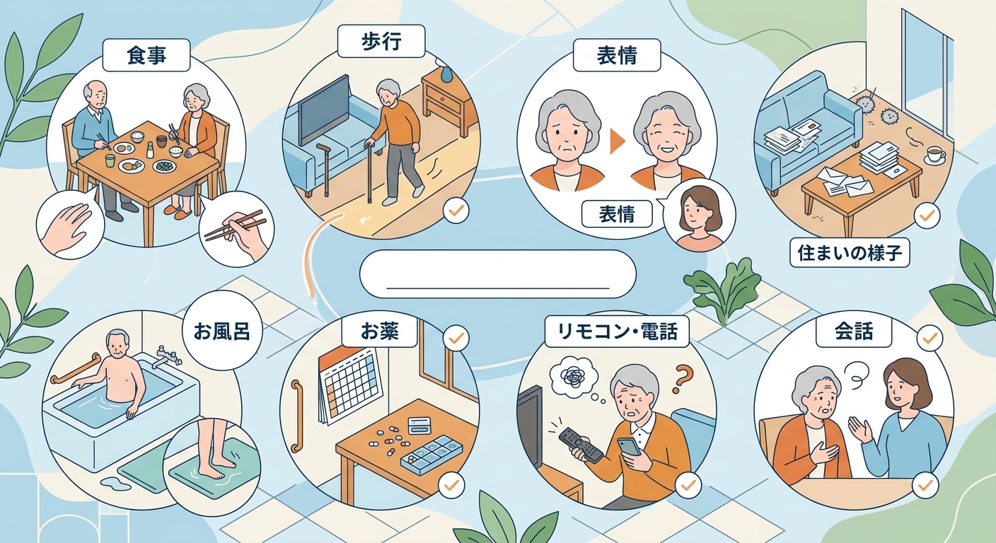 帰省時に気づく高齢の親の心身変化のチェックポイント全体像を示す図解イラスト
