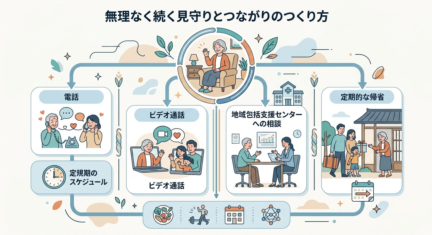 無理なく続く見守りとつながりのつくり方、受診サインの整理を示す図解イラスト