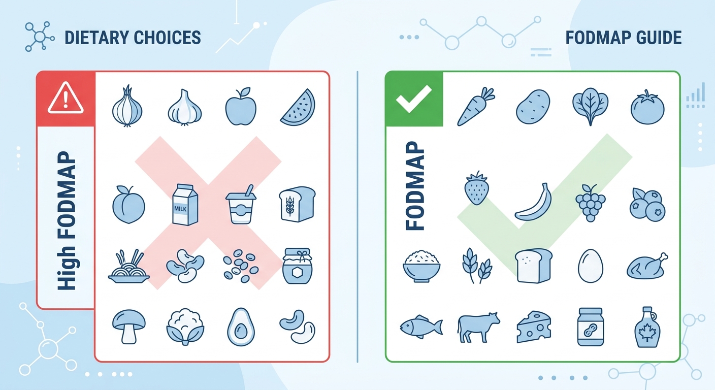 低FODMAP食の概念図：高FODMAP食品と低FODMAP食品の分類イメージ（Rao et al. 2017 メタ解析をもとに作図）