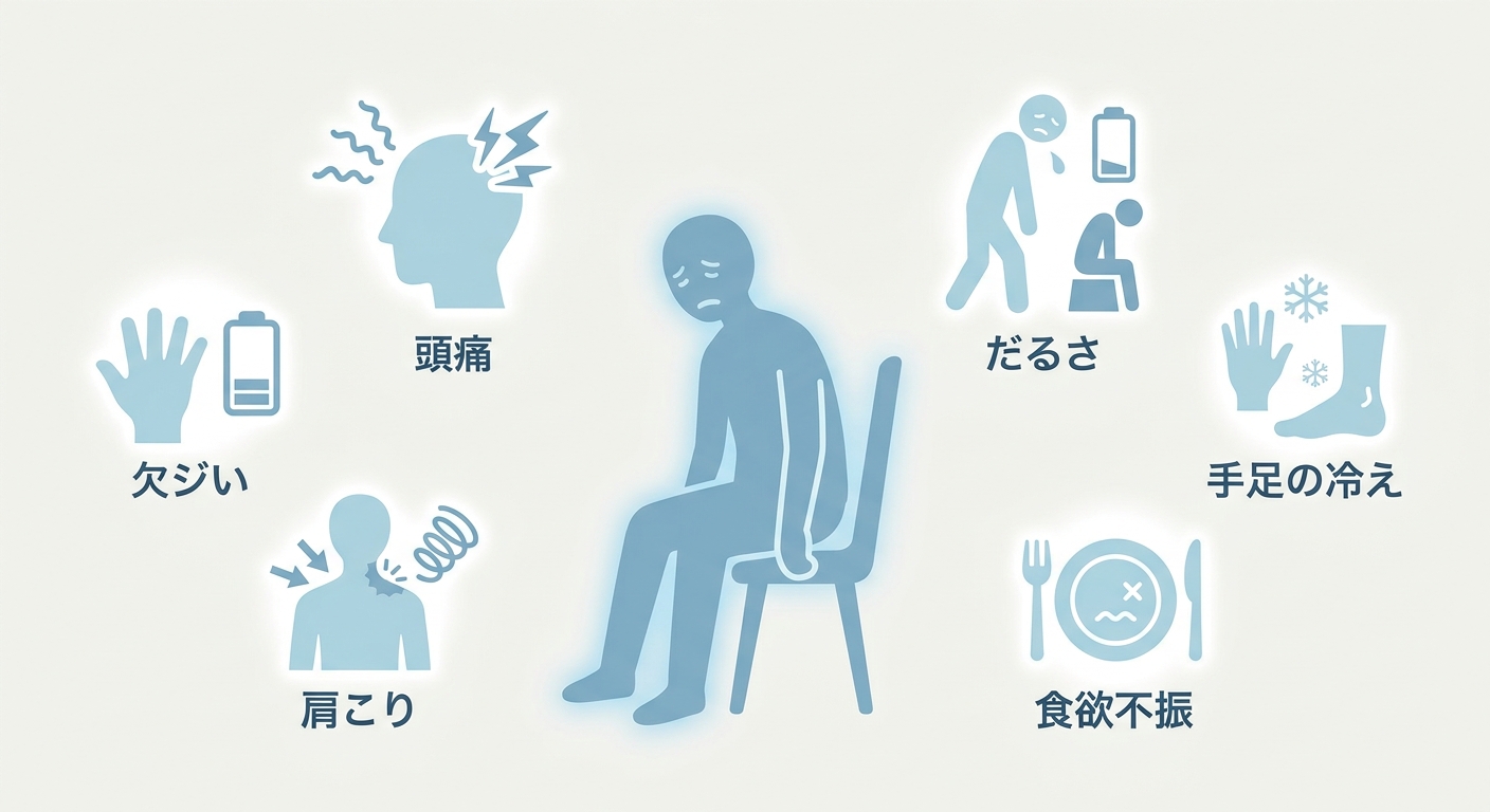 冷房病の主な症状：疲れ・冷え・頭痛・肩こり・食欲不振などのイラスト