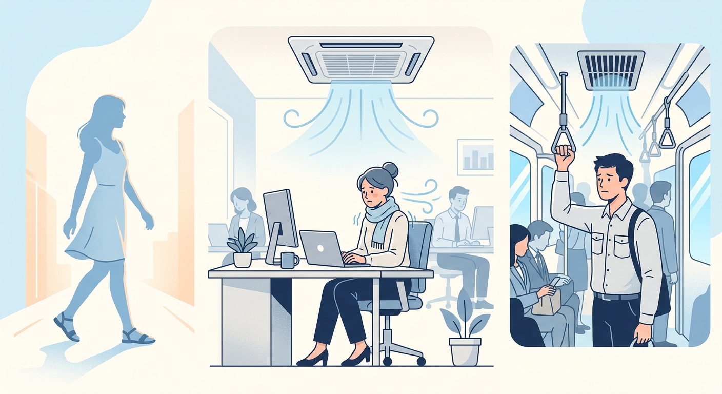 オフィスのエアコンの風を直接受けている人物のイラスト・冷房病になりやすい状況