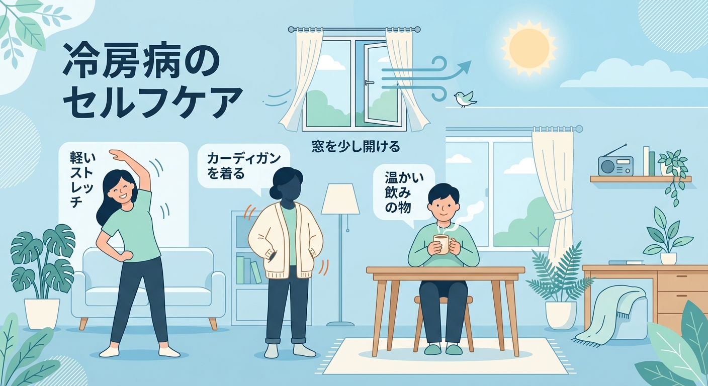 温かい飲み物・軽いストレッチ・カーディガンなど冷房病セルフケアのイラスト
