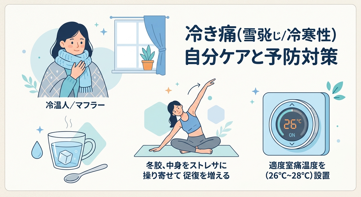 ストール、水分補給のコップ、ストレッチをする人のシルエット、温度計などのアイコンを並べた冷房頭痛のセルフケア解説図