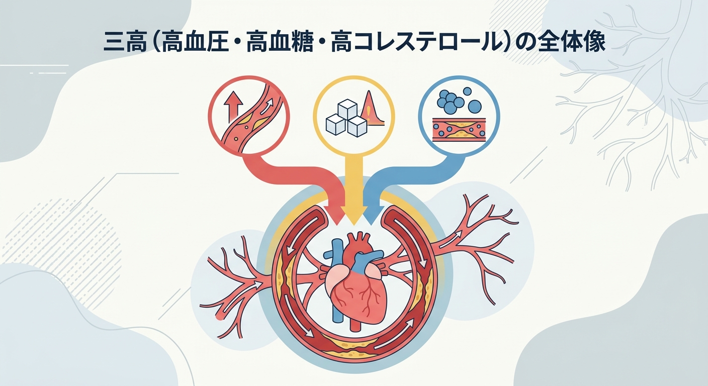 三高（高血圧・高血糖・高コレステロール）が心臓・血管に与えるリスクの全体像を示した図解
