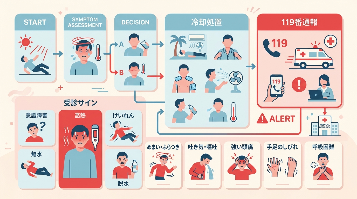 熱中症の緊急搬送が必要なサインと職場での初動対応を示す整理図