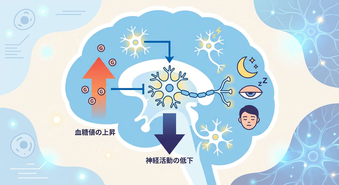 食後の血糖急上昇がオレキシン神経を抑制し眠気を引き起こす経路の模式図