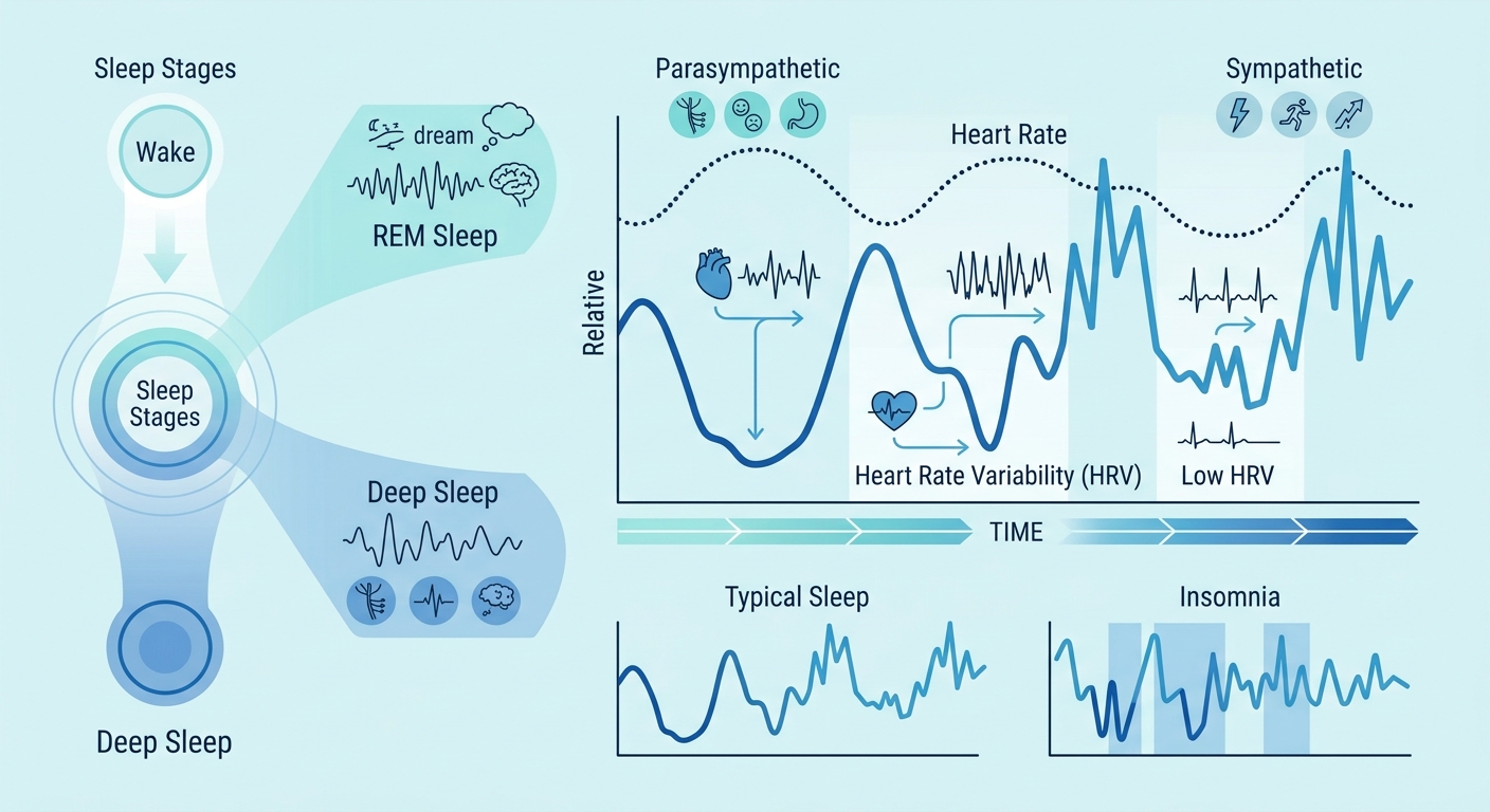 HRV（心拍変動）と睡眠の深さの関係を示す模式図