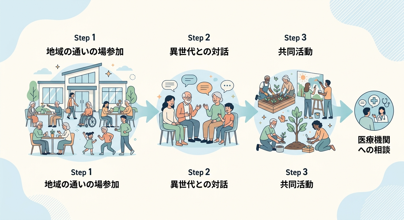 地域で実践できる多世代交流の取り組みステップと受診を検討すべきサインの整理図
