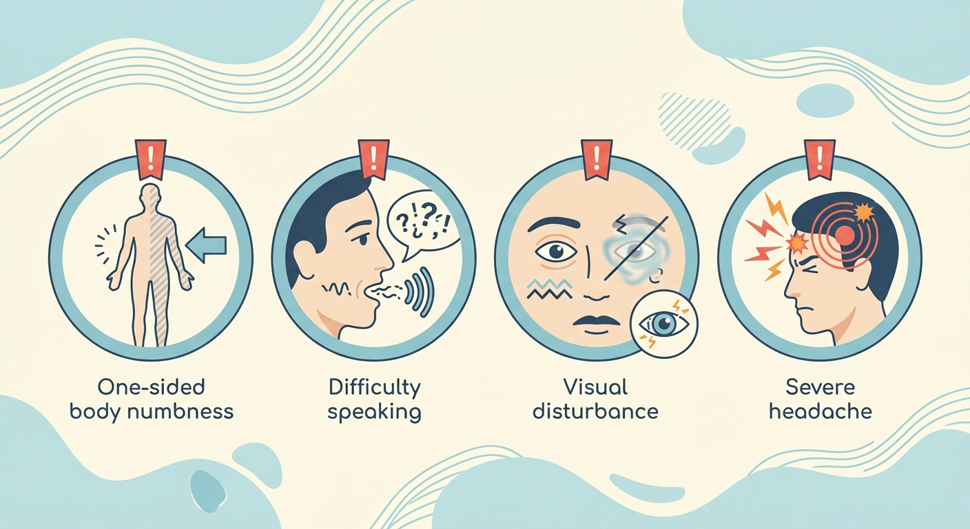 緊急受診すべき手のしびれのレッドフラッグサインを示すフラットイラスト