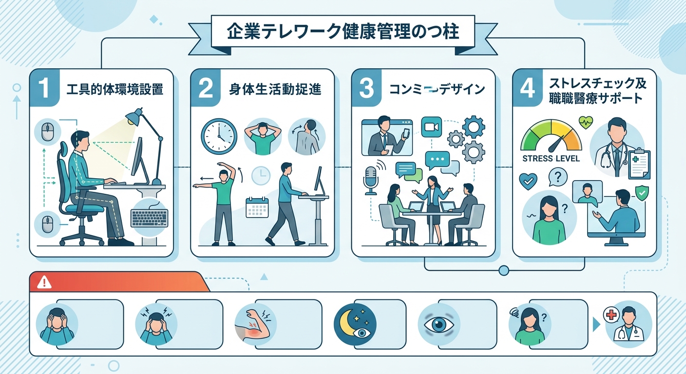 テレワーク従業員の受診を検討すべきレッドフラッグと企業対策の4本柱を示した整理図