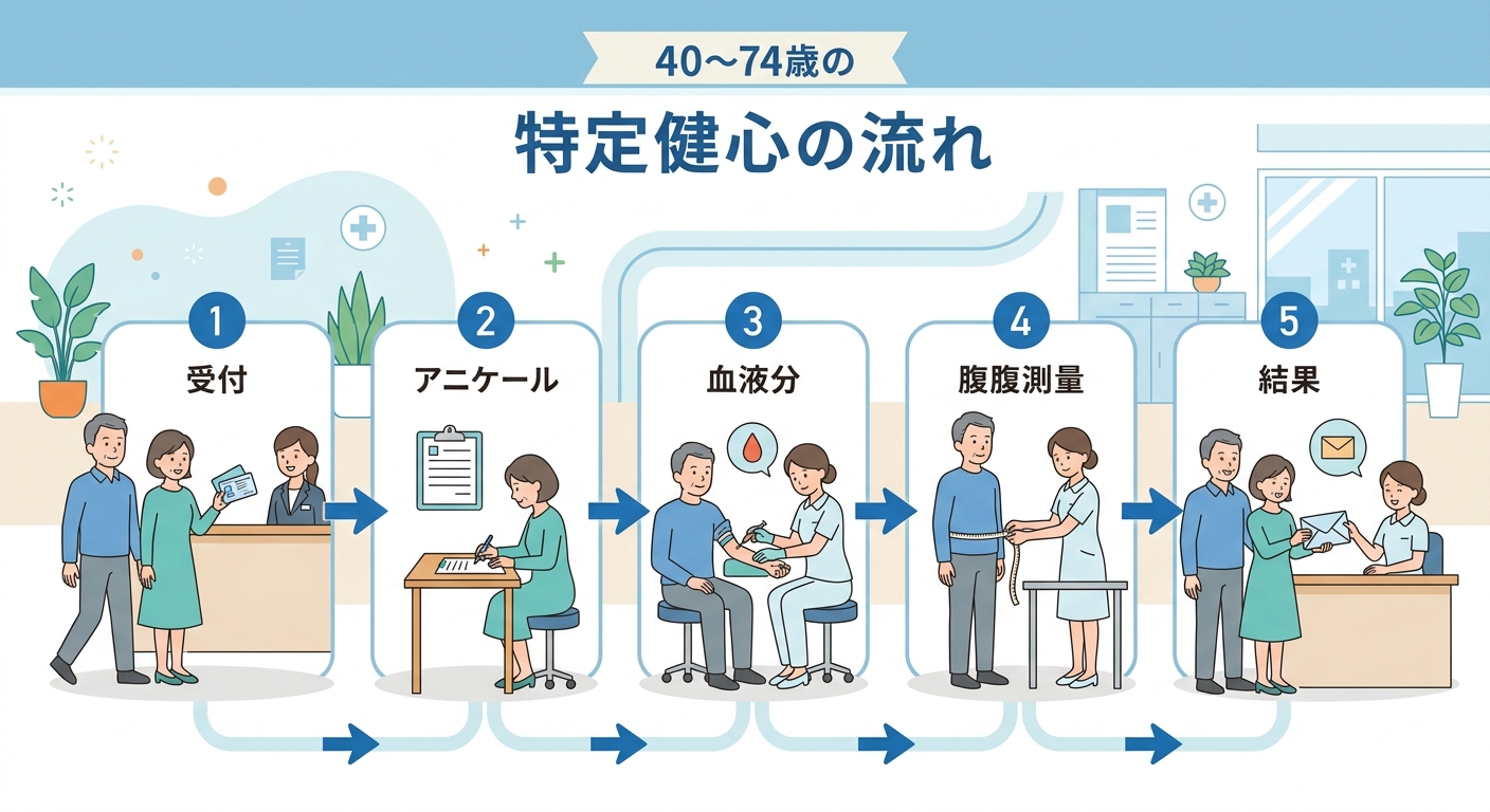 特定健診の対象年齢（40〜74歳）と実施の流れを表す全体像の図解