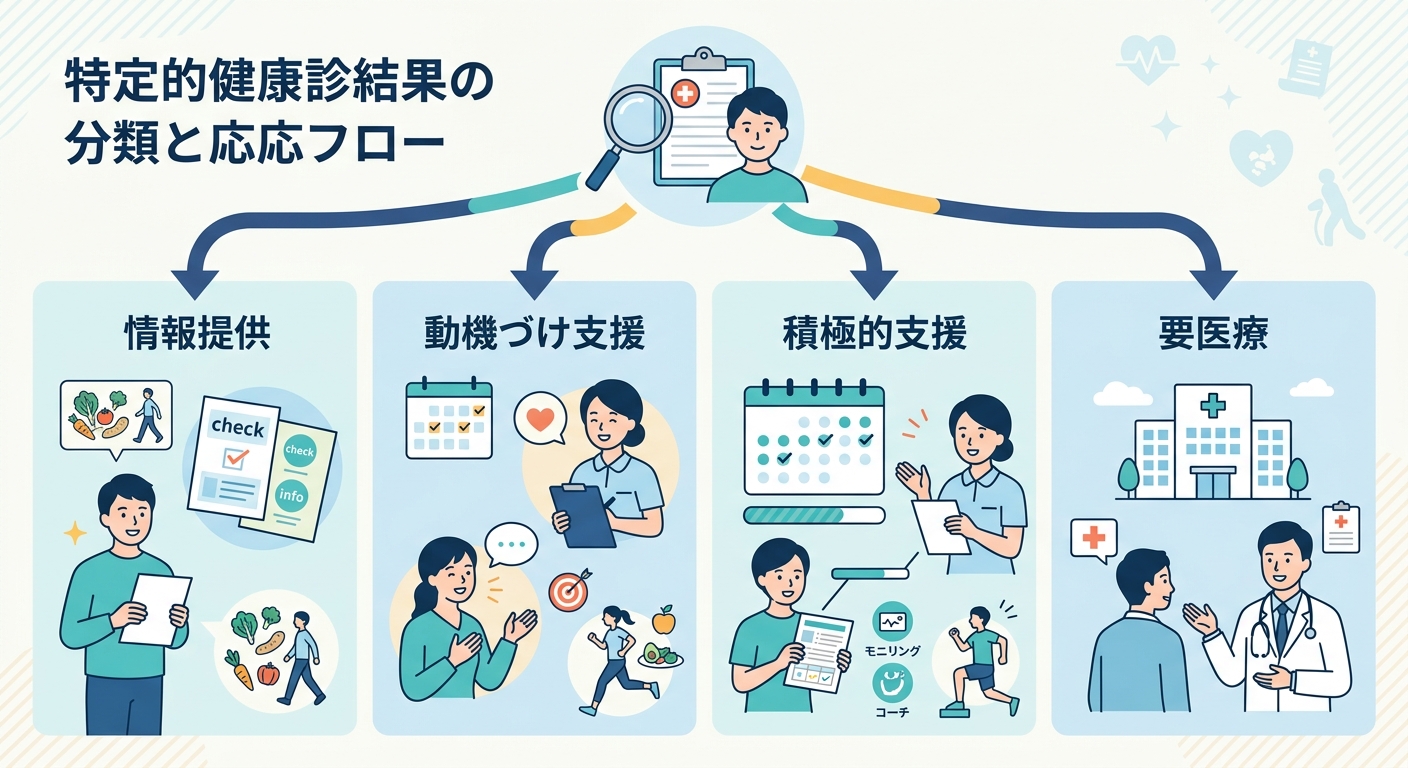 特定健診後の流れと受診を検討すべき状況を整理した図解