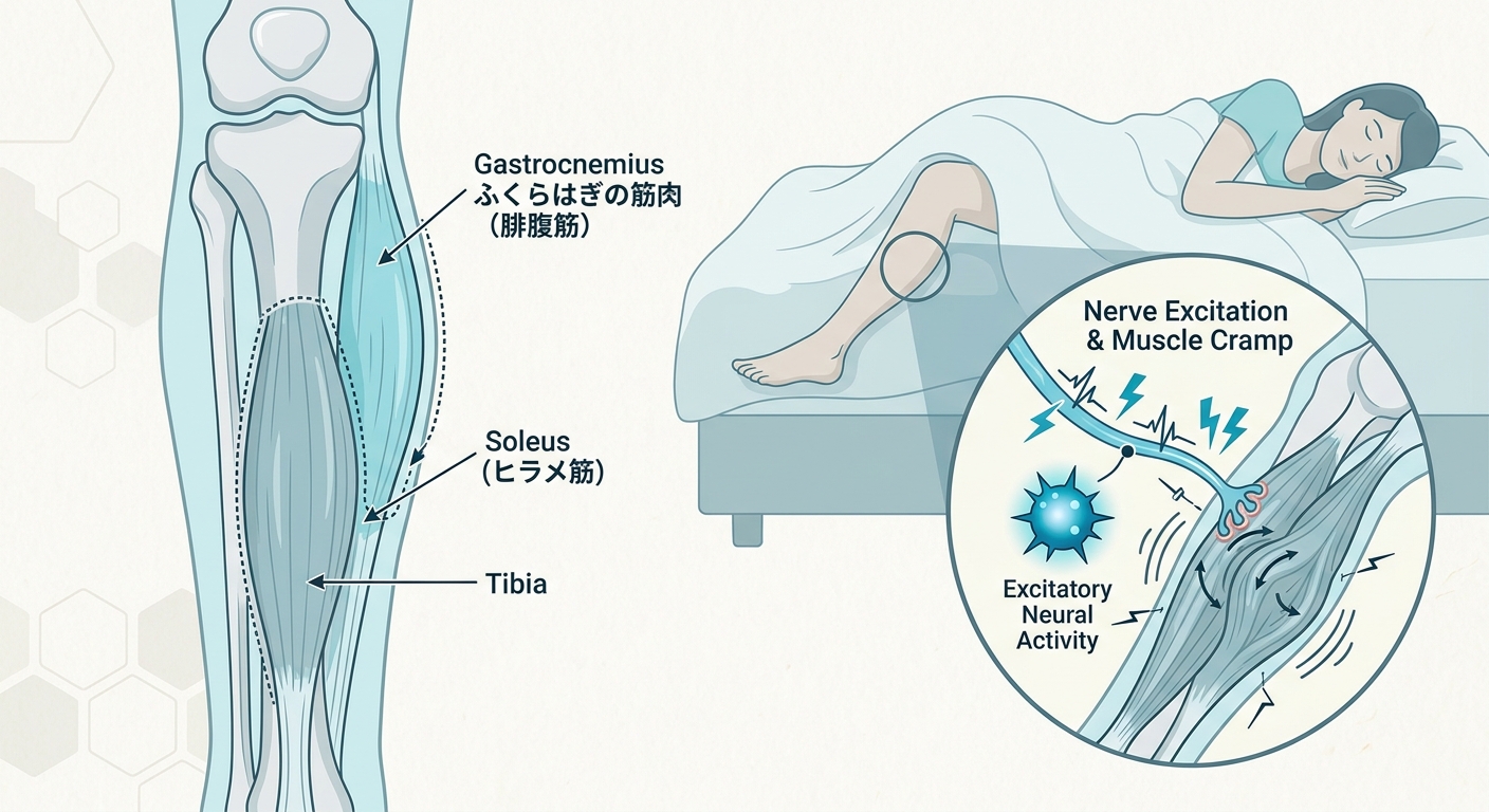 ふくらはぎの腓腹筋・ヒラメ筋と神経けいれんの模式図