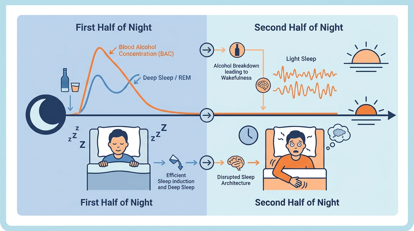アルコール代謝と睡眠の後半覚醒メカニズム図解