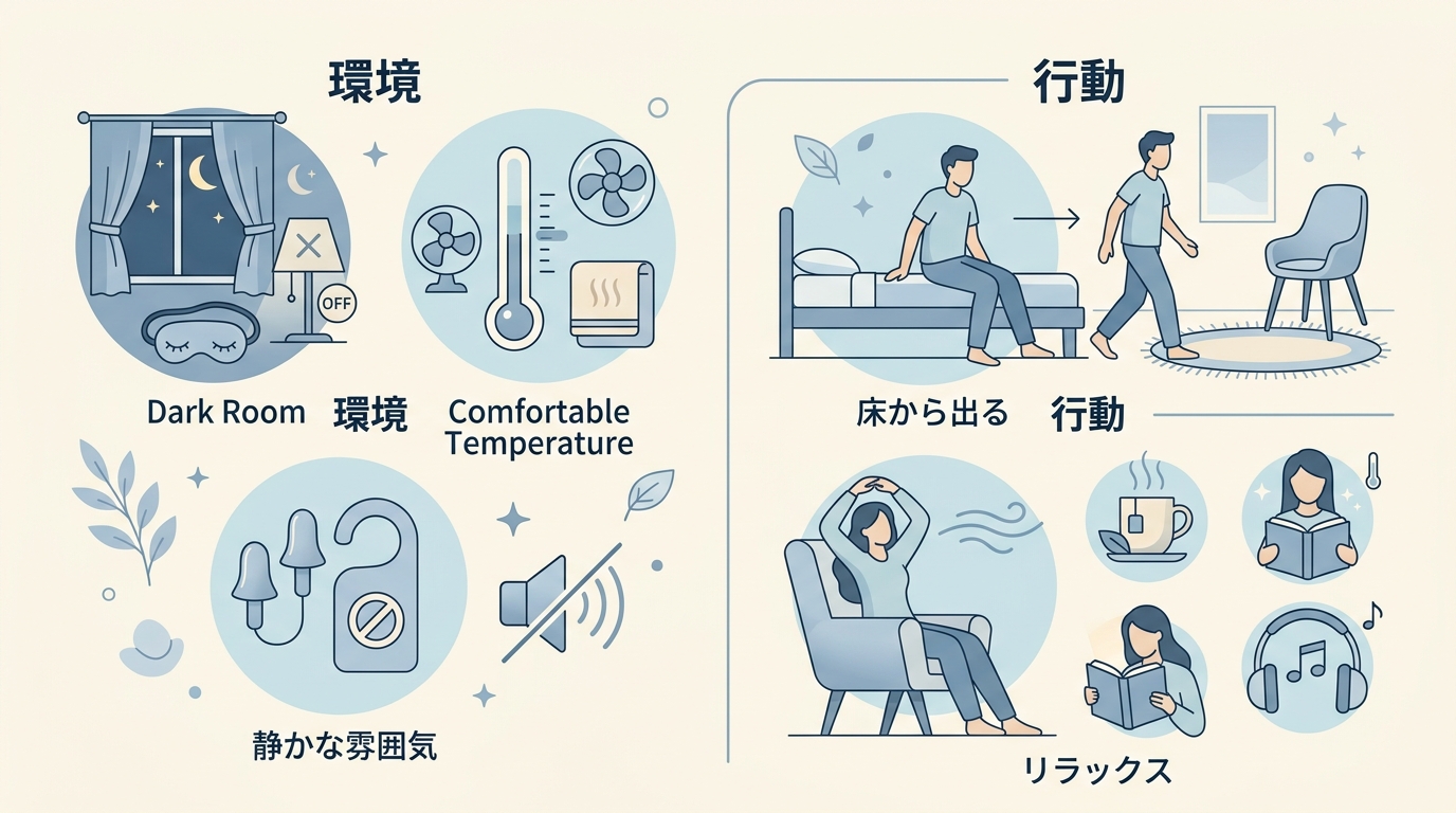 中途覚醒後の再入眠を促す環境と行動のポイント図解
