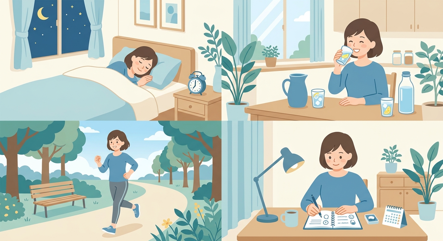 毎日続く頭痛への生活上の工夫をイラストで示したフラットデザイン