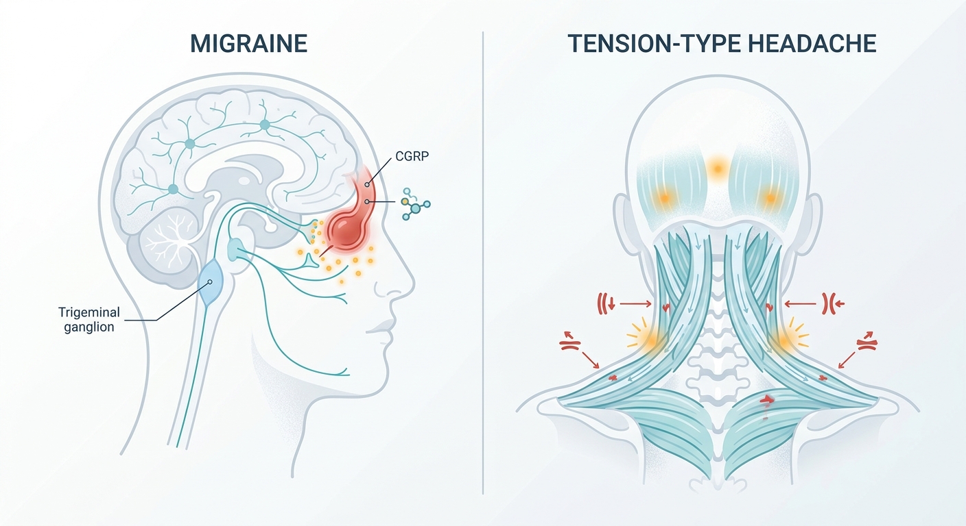 片頭痛における三叉神経と血管の関係、緊張型頭痛の筋緊張メカニズムを示した模式図